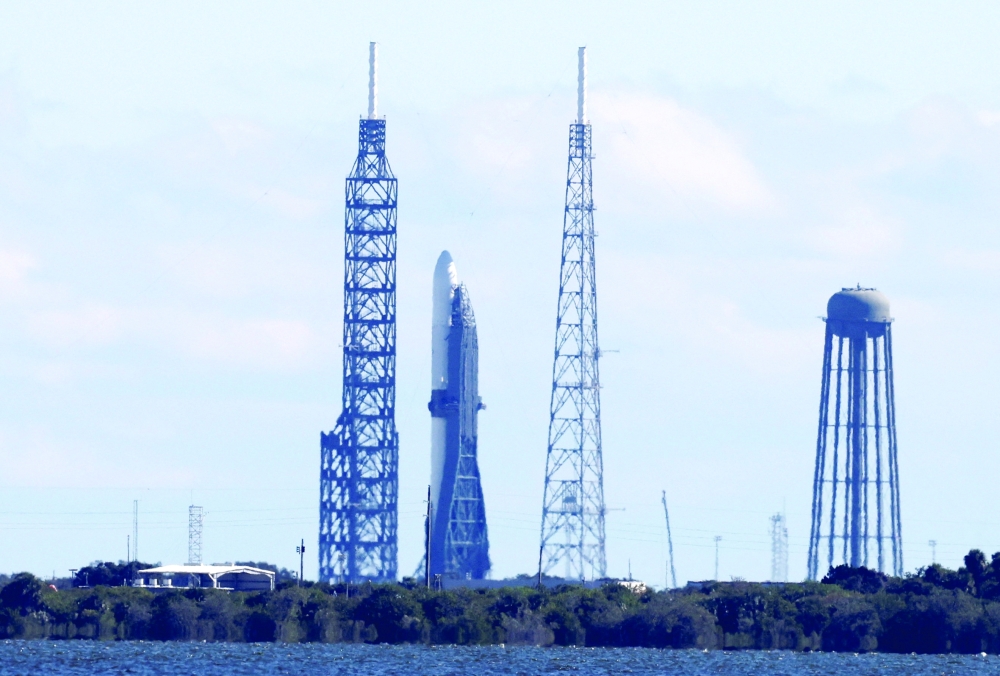A Blue Origin New Glenn rocket stands after a second delay of Nasa's EscaPADE mission because of 'space weather' the rocket is carrying two satellites to orbit Mars, at the Cape Canaveral Space Force Station in Cape Canaveral, Florida. - Reuters 
