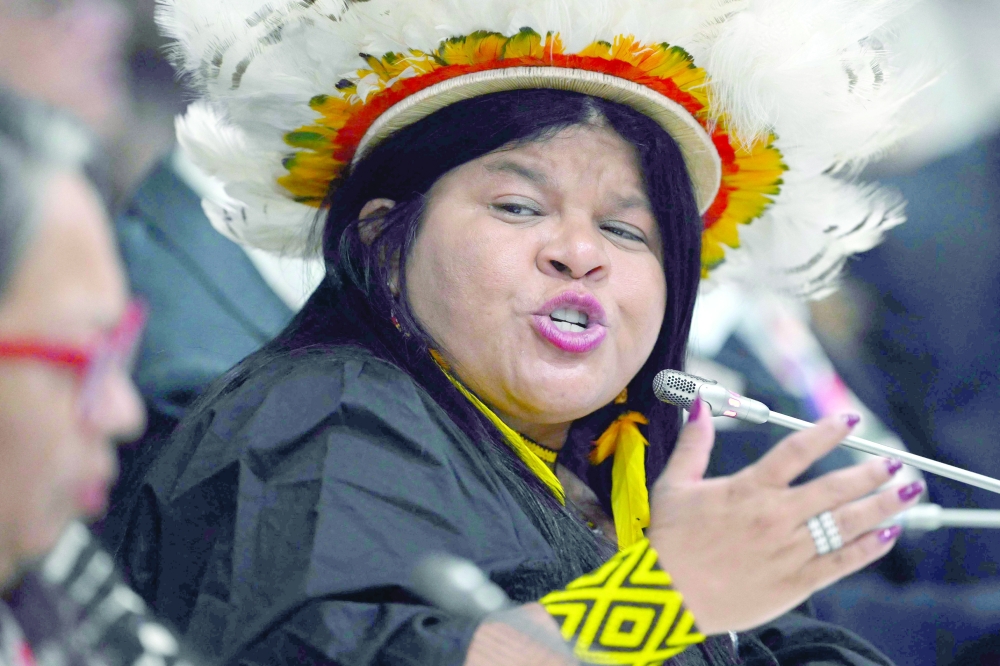 Brazil's Minister for Indigenous Peoples Sonia Guajajara during a meeting with Indigenous leaders at the COP30 UN Climate Change Conference in Belem, Brazil. — AFP