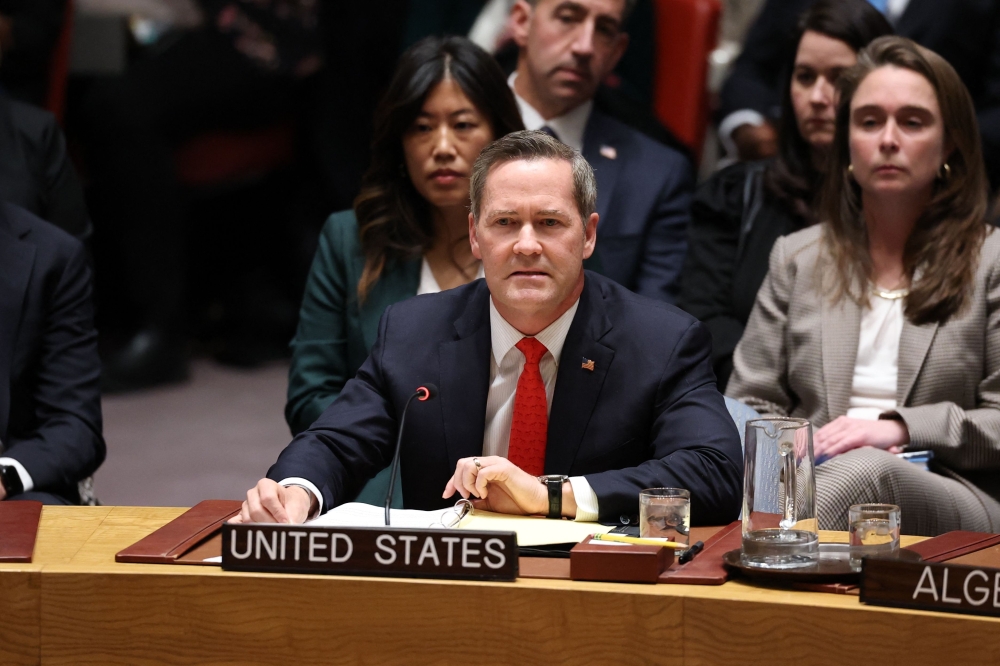 US Ambassador to the United Nations Mike Waltz speaks during a UN Security Council meeting to vote on a US resolution on the Gaza peace plan at the UN Headquarters in New York City
