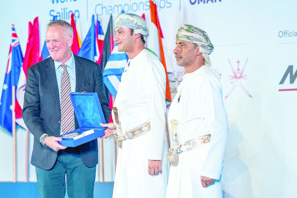 OCC Chairman HH Sayyid Azan bin Qais al Said (centre) with Oman Sail CEO Dr Khamis Salim al Jabri (right) and David Graham, CEO of World Sailing, during the opening ceremony in Al Musannah.
