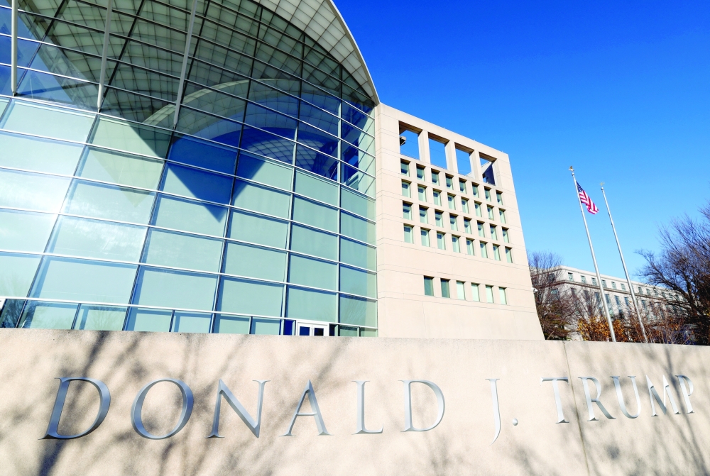 The name of US President Donald Trump is displayed after being recently added to the sign for the US Institute of Peace ahead of Trump hosting the leaders of Rwanda and the DR of Congo to sign a peace agreement in Washington, DC. — Reuters