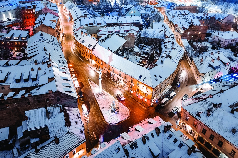 Vilnius winter drone night view