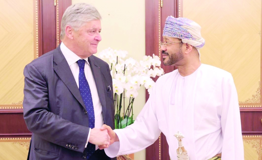 Sayyid Badr bin Hamad al Busaidy with Nicolas Forissier in Muscat on Tuesday. — ONA