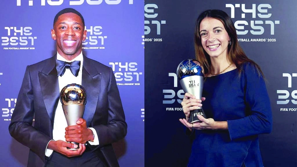 Paris Saint-Germain attacker Ousmane Dembele and Barcelona midfield maestro Aitana Bonmati celebrate with Fifa Best awards. 