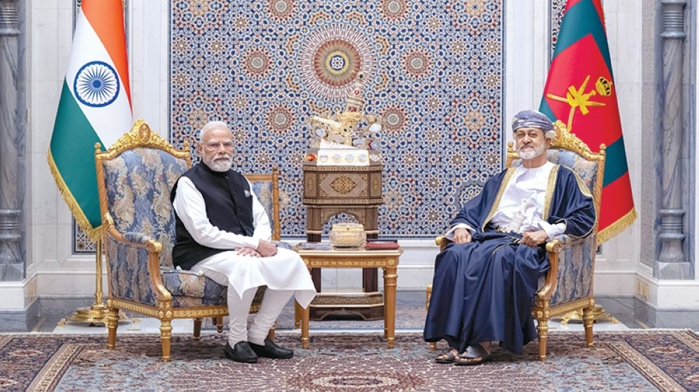 His Majesty Sultan Haitham bin Tarik with Narendra Modi at Al Barakah Palace on Thursday.