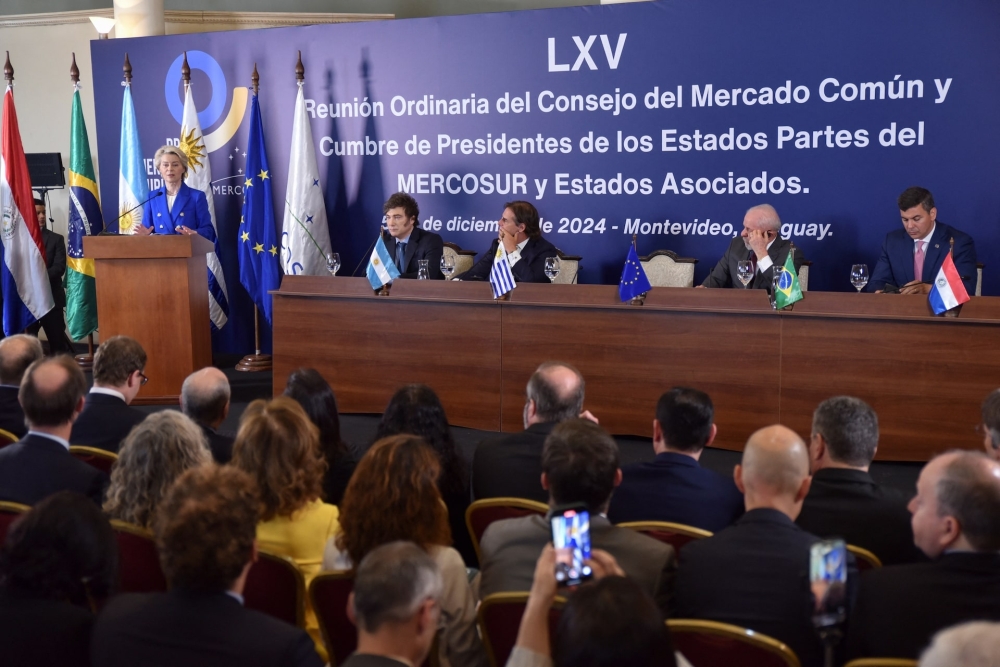 European Commission President Ursula von der Leyen speaks during a press conference with Uruguay's President Luis Lacalle Pou, Argentina's President Javier Milei, Brazil's President Luiz Inacio Lula da Silva, Paraguay's President Santiago Pena at the Mercosur Summit in Montevideo, Uruguay, in this file photo. — Reuters