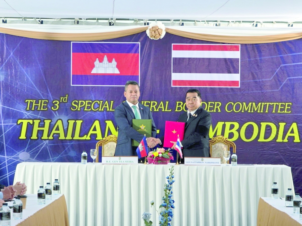Cambodia's Defence Minister Tea Seiha and Thailand's Defence Minister Natthaphon Narkphanit during a special General Border Committee meeting at a border checkpoint, in Chanthaburi province, Thailand. — Reuters
