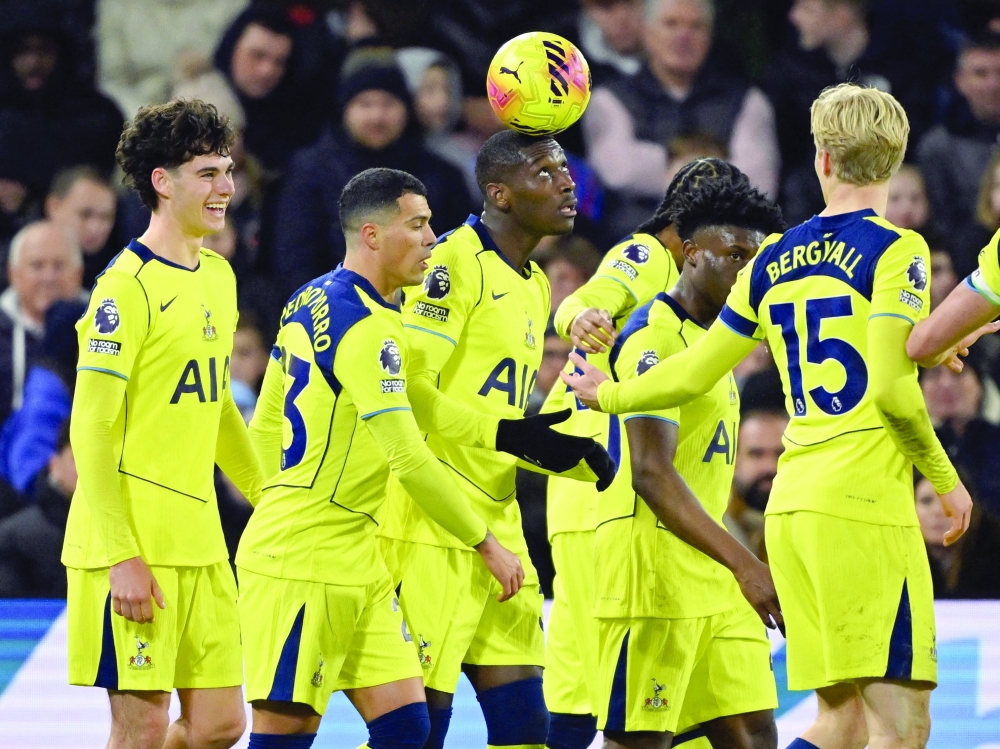 Tottenham Hotspur's Archie Gray celebrates scoring their first goal against Crystal Palace with teammates. — Reuters