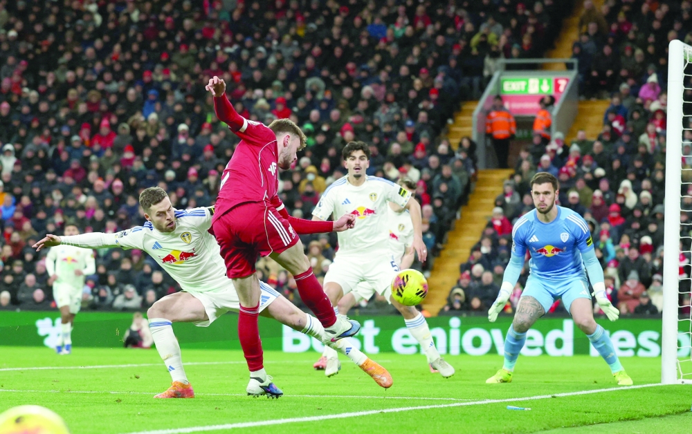 Liverpool's Conor Bradley in action with Leeds United's Gabriel Gudmundsson at Anfield, Liverpool. — Reuters