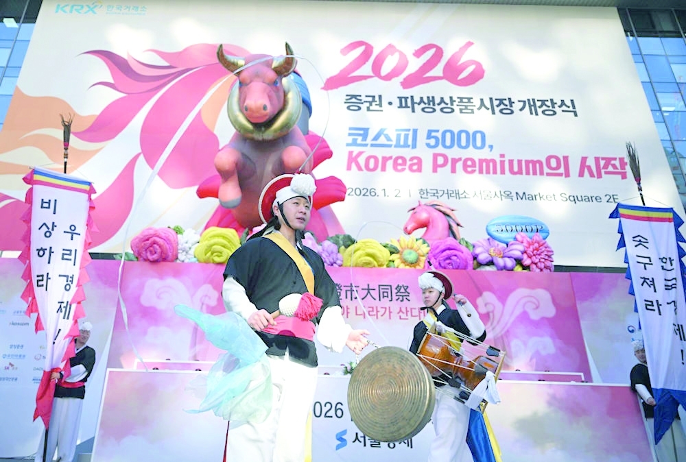 Traditional dancers marked the opening of the South Korean stock market on January 2, 2026. — AFP