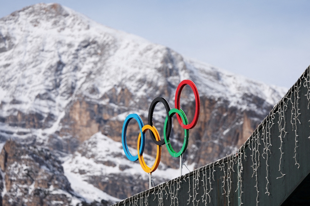 Olympic rings on the Cortina Curling Olympic Stadium, which will host Milano Cortina Winter Olympic Games 2026