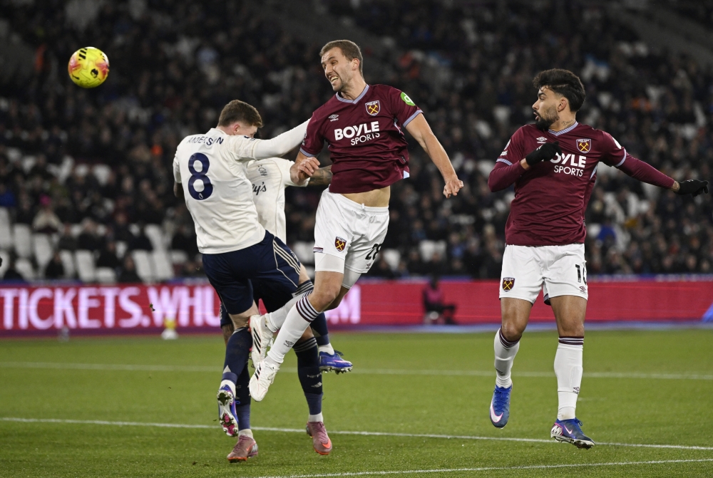West Ham United's Tomas Soucek heads at goal before Nottingham Forest's Murillo scored an own goal