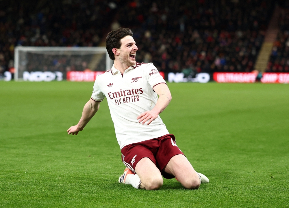 Arsenal's Declan Rice celebrates scoring their second goal 