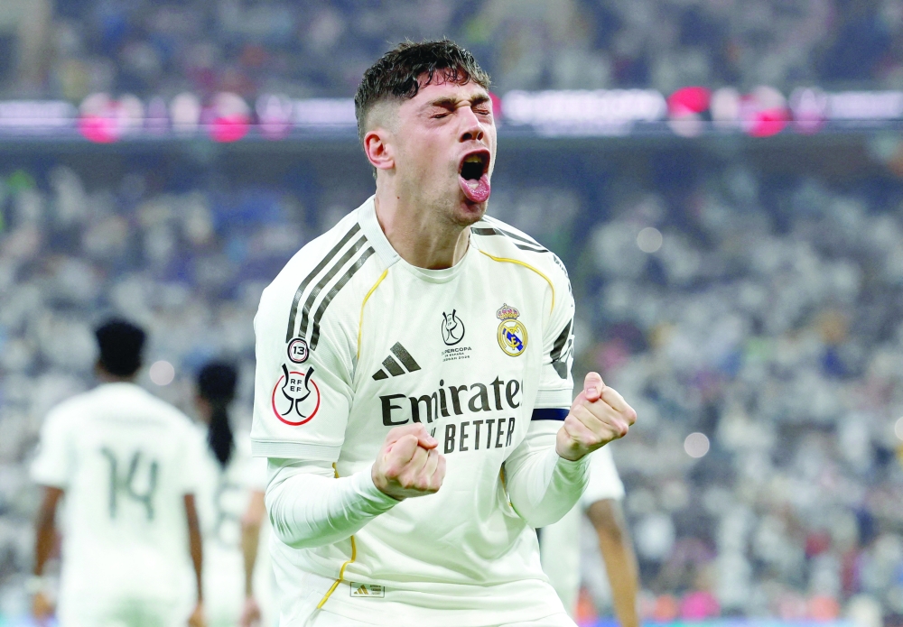 Soccer - Spanish Super Cup - Semi Final - Atletico Madrid v Real Madrid - King Abdullah Sports City, Jeddah, Saudi Arabia - January 8, 2026 Real Madrid's Federico Valverde celebrates scoring their first goal REUTERS