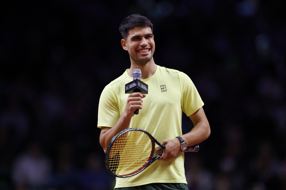  Spain's Alcaraz celebrates after winning his Hyundai Card Super Match against Italy's  Sinner 
