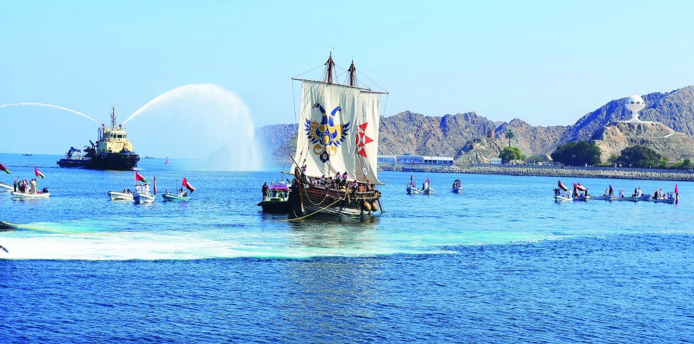 INSV Kaundinya gets water salute at at Port Sultan Qaboos on Wednesday
