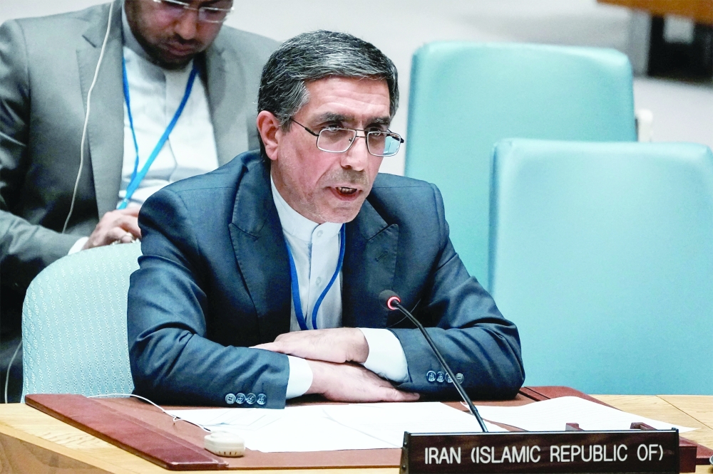 Iran's current Deputy Permanent Representative to the United Nations Gholamhossein Darzi addresses a meeting of the UNSC on Iran at UN headquarters in New York City. — Reuters