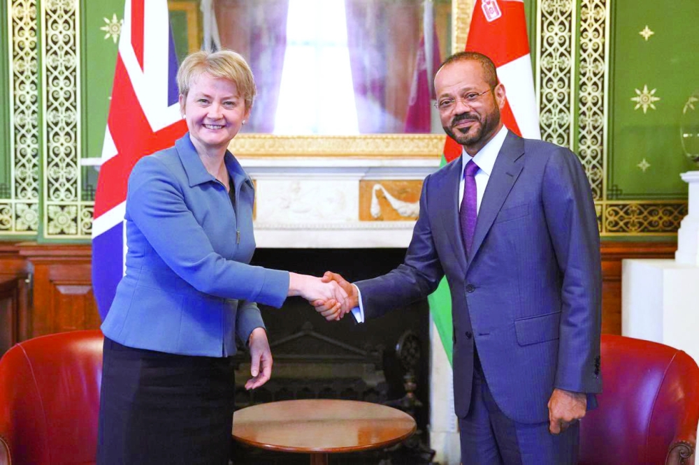 Sayyid Badr bin Hamad al Busaidy, Foreign Minister, with Yvette Cooper, Secretary of State for Foreign, Commonwealth and Development Affairs of the United Kingdom (UK), in London on Monday.