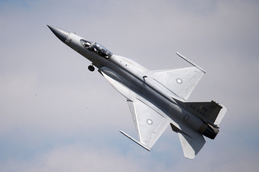 A JF-17 Thunder fighter participates in a flying display during the 51st Paris Air Show at Le Bourget airport 