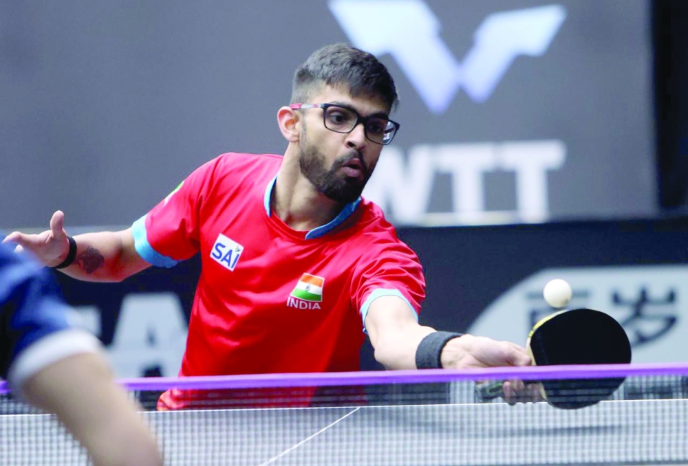 An Indian player in action during the preliminary round of the WTT Contender Muscat 2026.