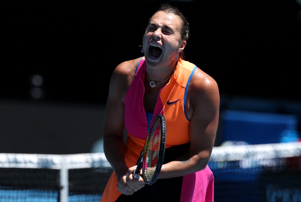 Belarus'  Sabalenka reacts during her third round match against Austria's  Potapova 
