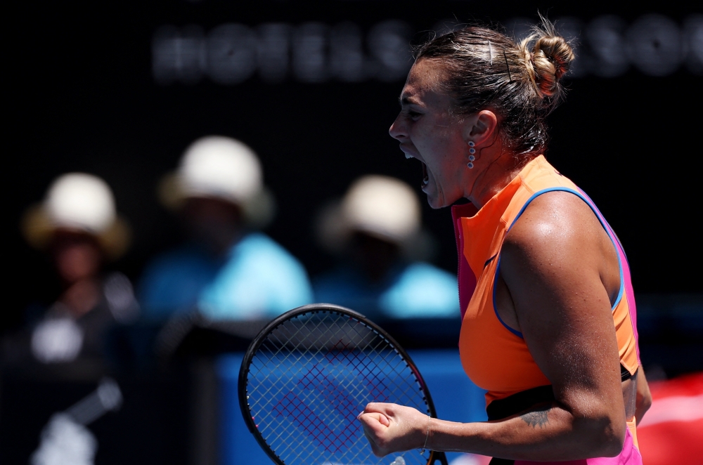  Belarus' Aryna Sabalenka reacts during her fourth round match against Canada's Victoria Mboko