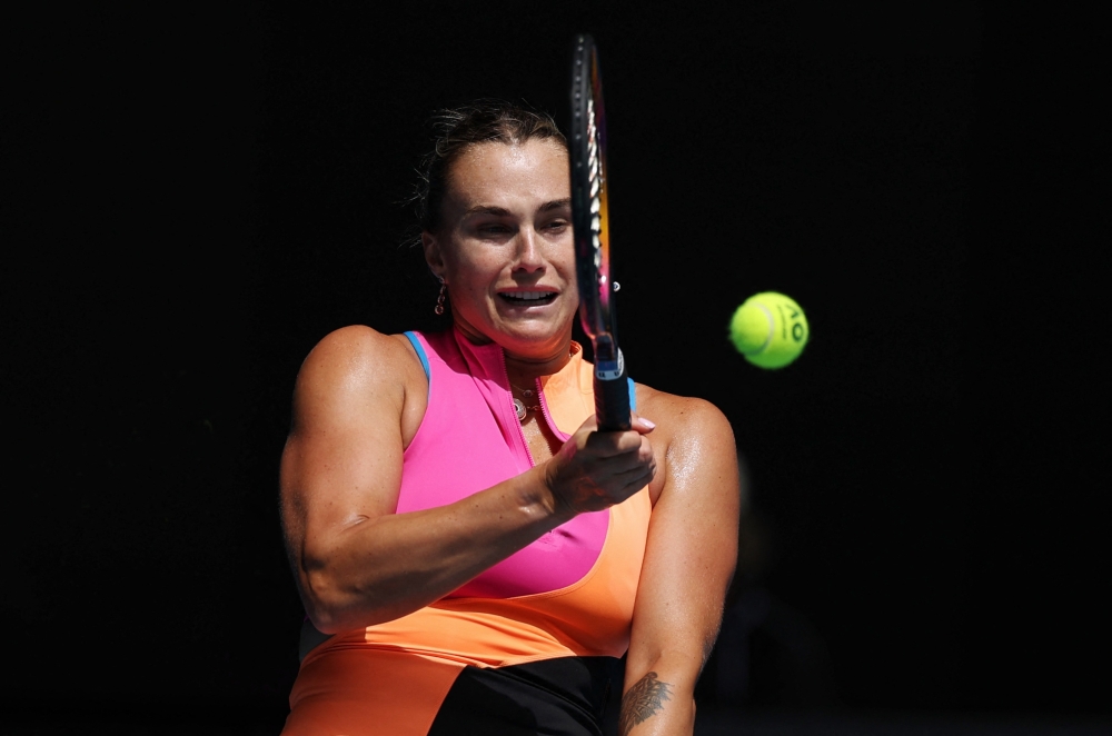  Belarus' Aryna Sabalenka in action during her fourth round match against Canada's Victoria Mboko  
