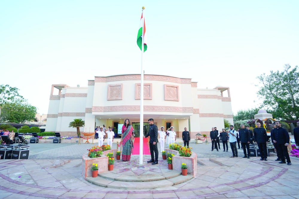 Chargé d’Affaires Tavishi Behal Pandey after unfurled the National Flag in embassy premises in Muscat on Monday.