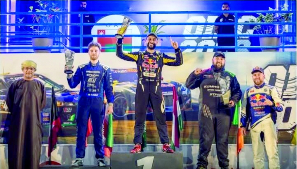 The top three drifters of the first round on the podium.