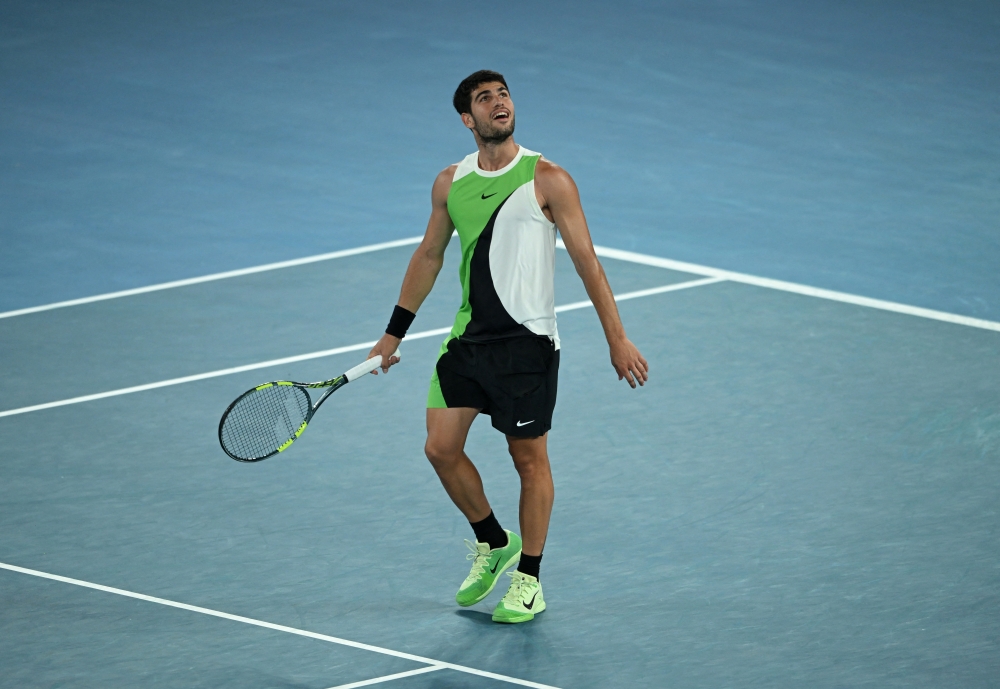  Spain's Carlos Alcaraz celebrates winning his quarter final match against Australia's Alex De Minaur 