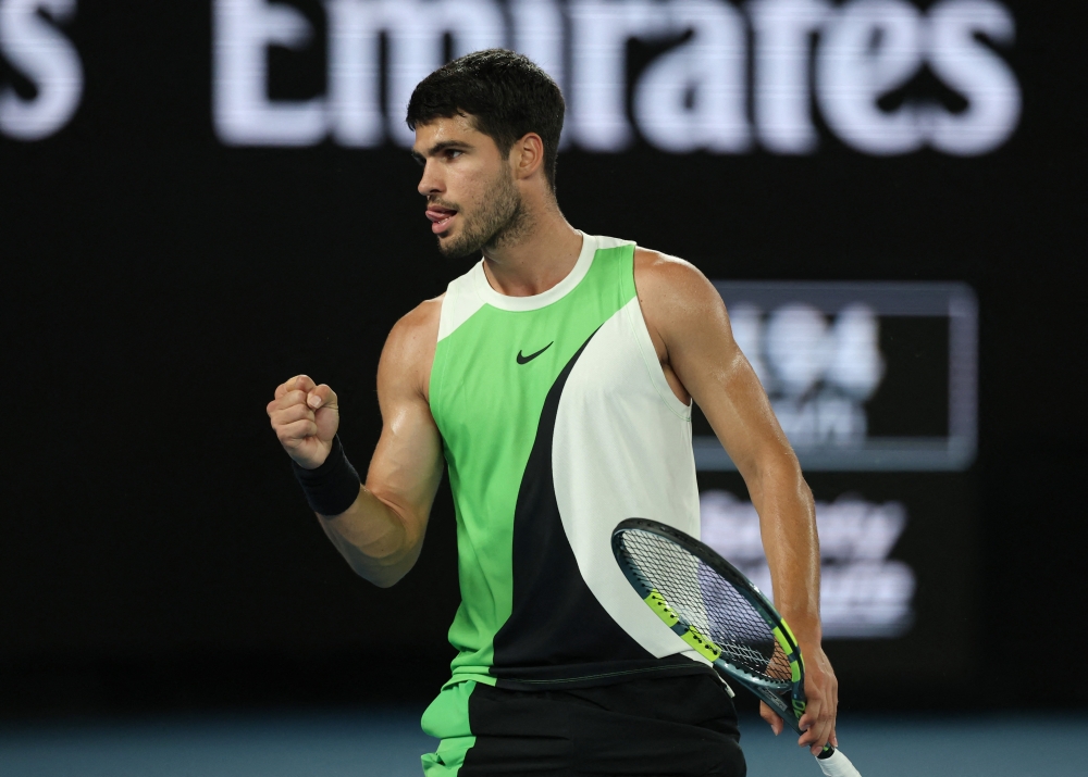  Spain's Carlos Alcaraz reacts during his quarter final match against Australia's Alex De Minaur