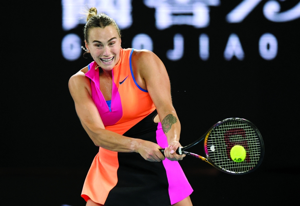 Belarus' Aryna Sabalenka plays a shot during her semifinal against Ukraine's Elina Svitolina in the Australian Open at Melbourne Park. — Reuters
