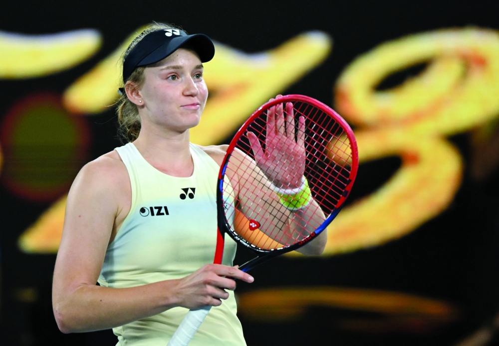 Kazakhstan's Elena Rybakina celebrates after winning her semifinal against Jessica Pegula of the US. — Reuters