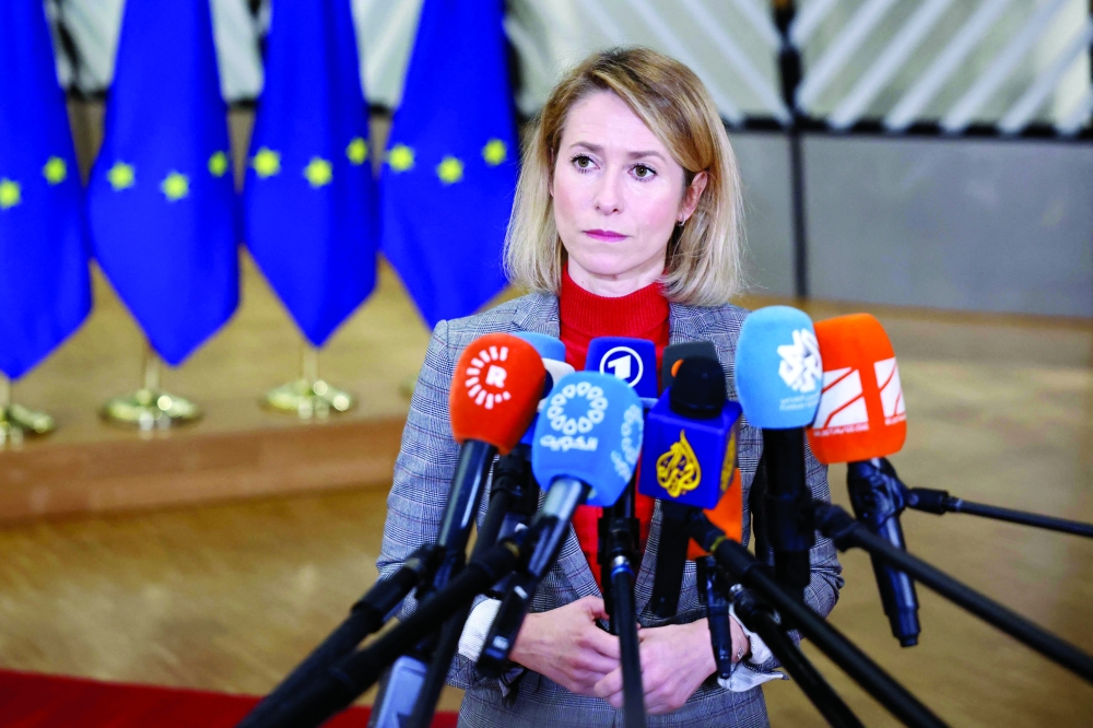 EU High Representative and Vice-President for Foreign Affairs and Security Policy Kaja Kallas talks to journalists upon arrival for a EU Foreign Affairs Council meeting at the EU headquarters in Brussels. - AFP

