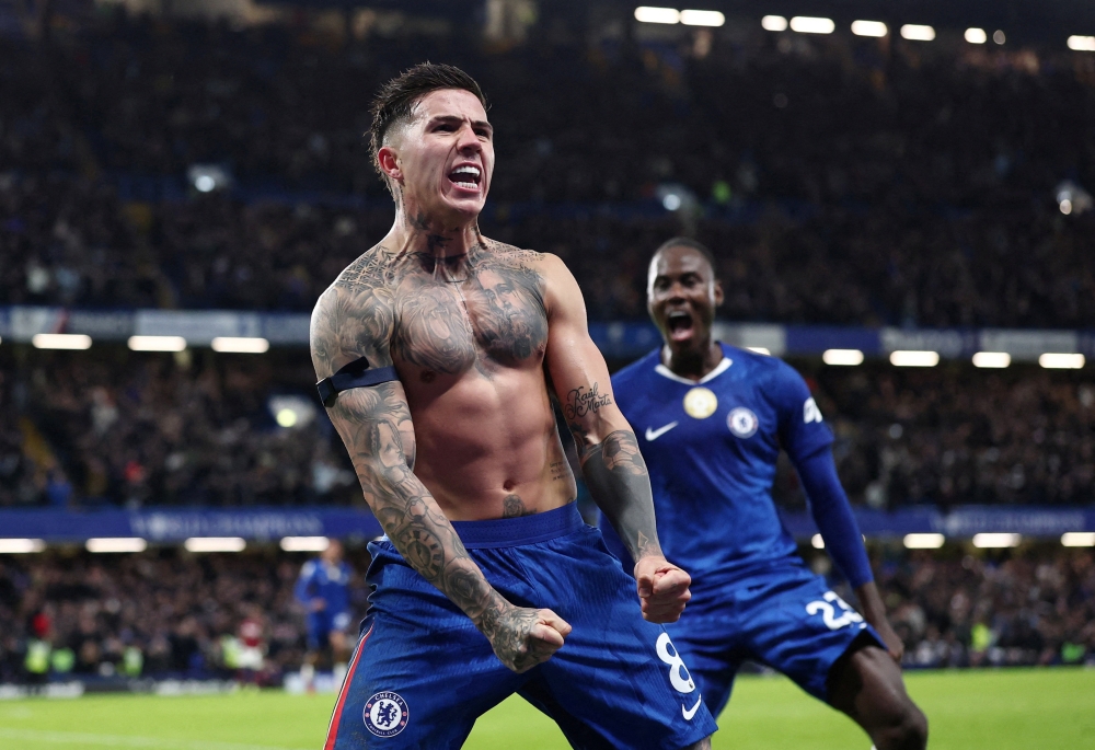   Chelsea's Enzo Fernandez celebrates scoring their third goal 