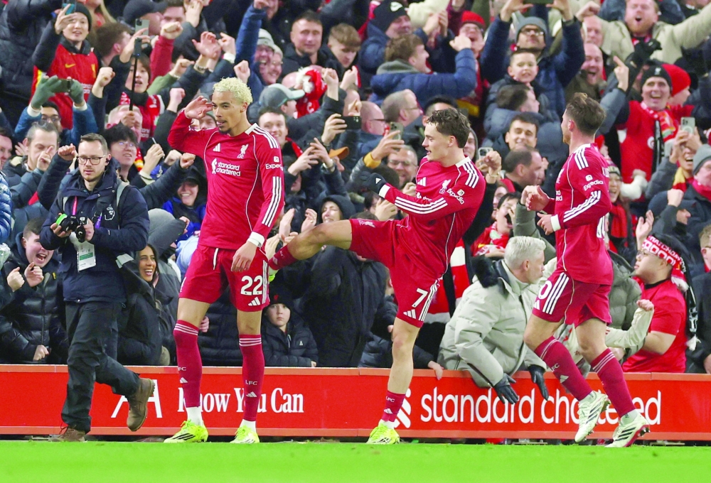 Liverpool's Hugo Ekitike celebrates scoring their second goal with Liverpool's Florian Wirtz and Liverpool's Alexis Mac Allister. — Reuters