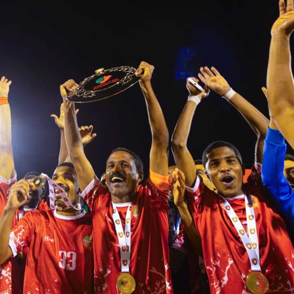 Al Musannah team celebrates their promotion to the Jindal League.