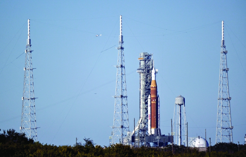 The Space Launch System (SLS), with the Orion crew capsule, stands at launch complex 39B during the Wet Dress Rehearsal, a full-scale countdown and propellant load, for the Artemis II mission to the Moon at Kennedy Space Center in Cape Canaveral, Florida, on Tuesday. — Reuters