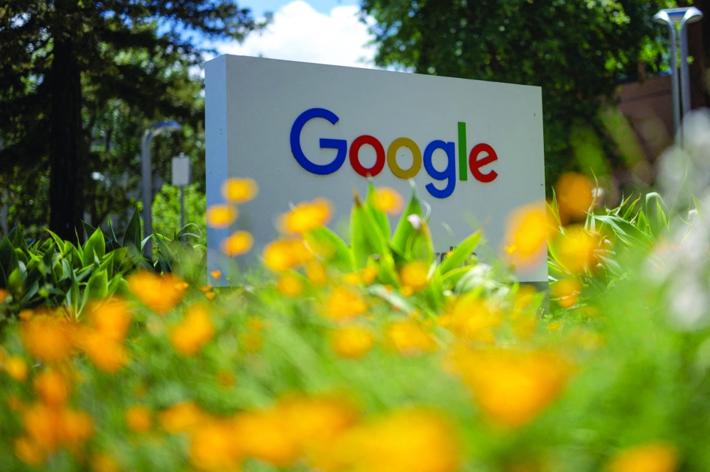 A Google logo is seen at a company research facility in Mountain View, California