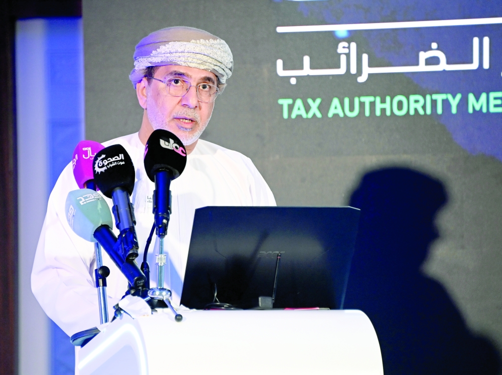 Nasser bin Khamis al Jashmi, Chairman of the Tax Authority, addressing the press in Muscat on Thursday. — ONA