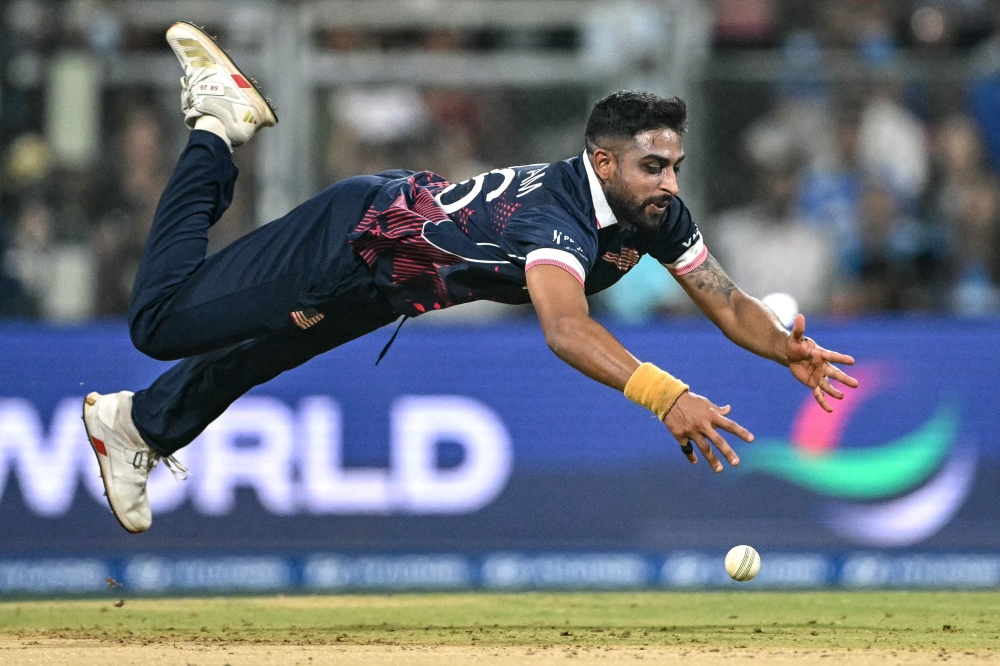 USA's Shubham Ranjane drops a catch of India's captain Suryakumar Yadav  