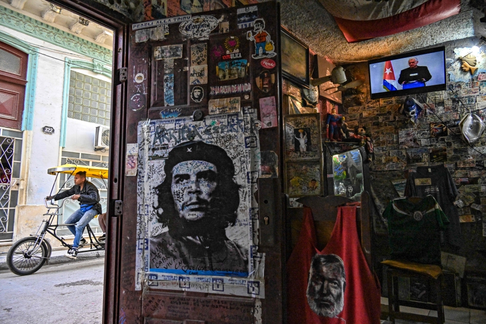 A view of a TV showing Cuba's President Miguel Diaz-Canel 