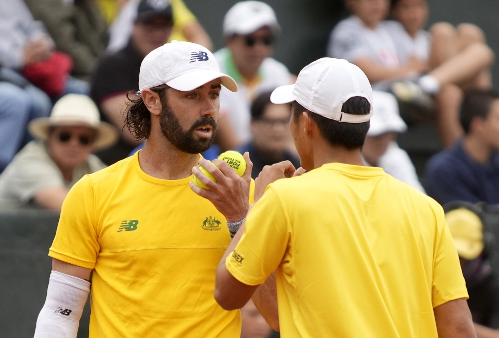   Australia's Rinky Hijikata and Jordan Thompson during their doubles match  
