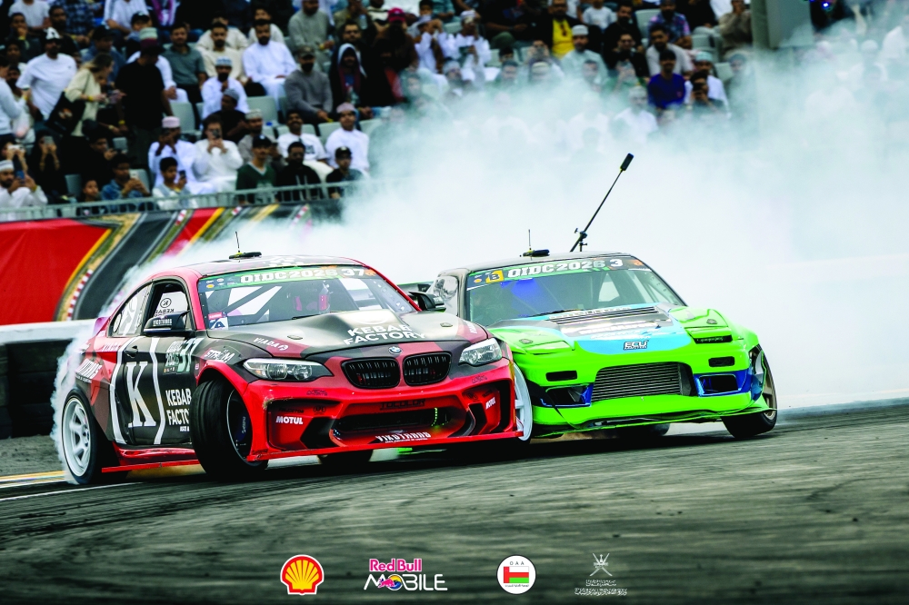 Drifting action during Round 3 at the Muscat Drift Arena.