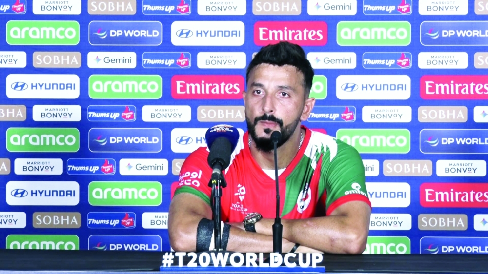 Oman's Sufyan Mehmood at the post-match press conference. 