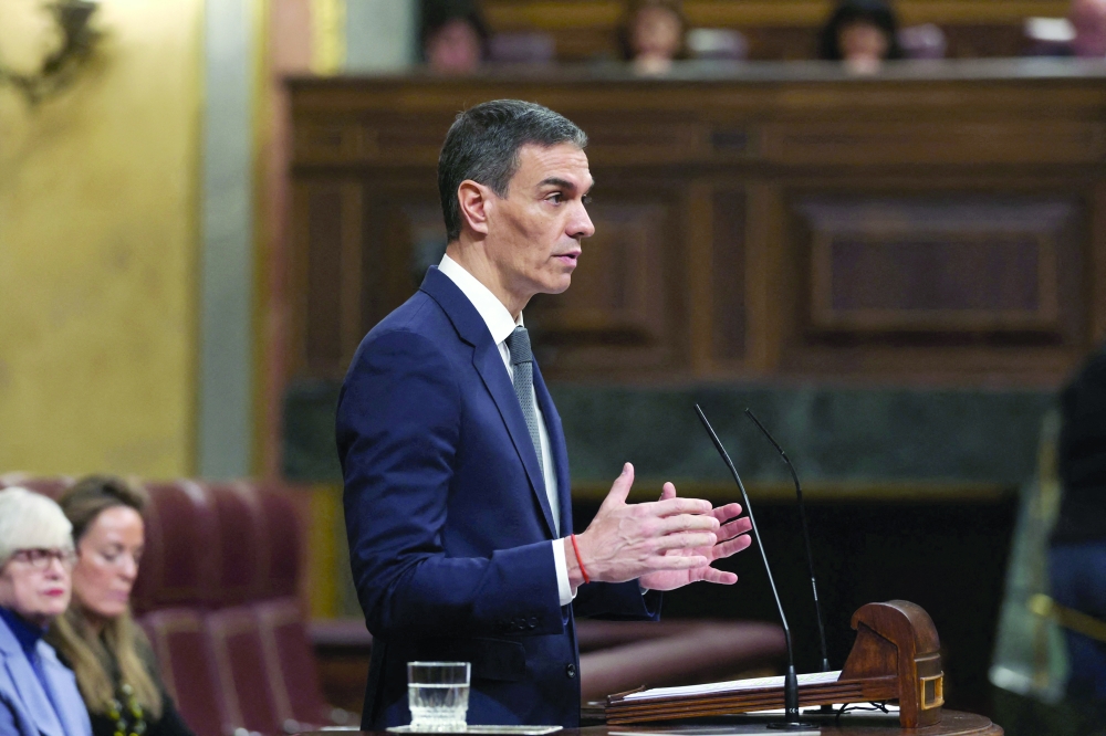 Spain's PM Pedro Sanchez addresses parliament, at the congress in Madrid.