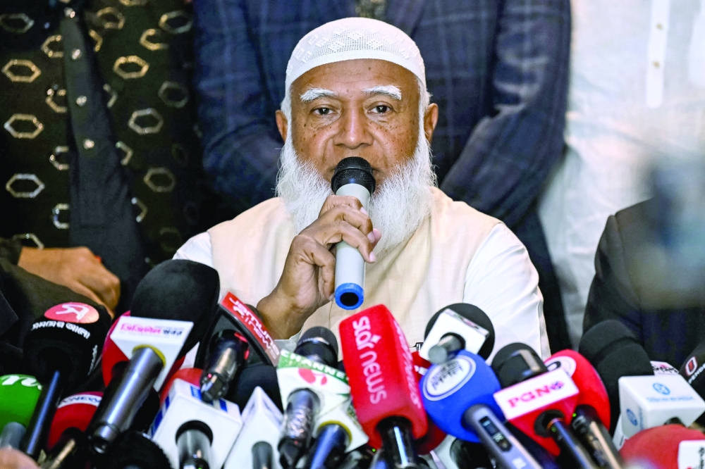 Bangladesh Jamaat-e-Islami party leader Shafiqur Rahman addresses media after counting starts following Bangladesh's general election in Dhaka on February 12, 2026. Counting began on February 12 in Bangladesh's first election since a deadly 2024 uprising, with powerful political heir Tarique Rahman bullish about defeating an Islamist-led coalition. (Photo by Sajjad HUSSAIN / AFP)
