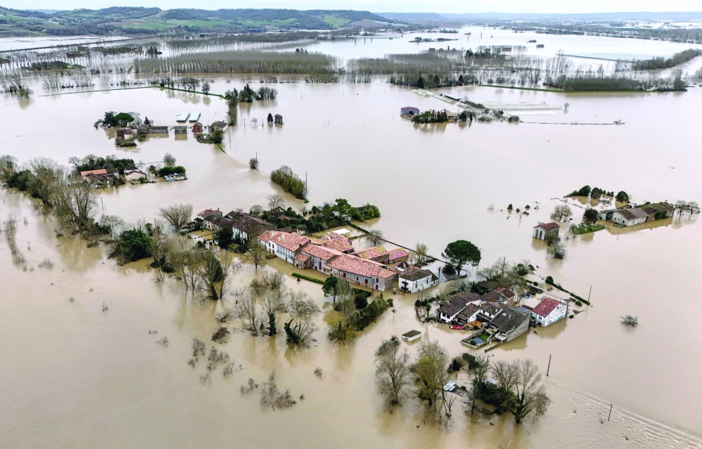 The overflowing Garonne river inundating a residential area in Tonneins, south-western France