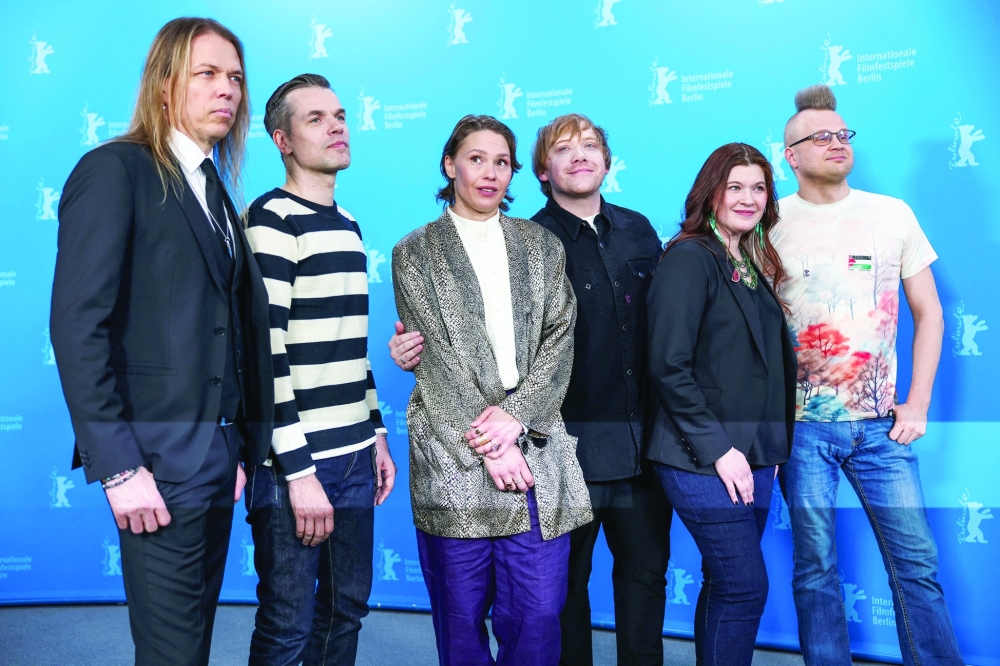 Director Hanna Bergholm, actors Rupert Grint and Seidi Haarla, producer Daniel Kuitunen, writer Ilja Rautsi and composer Eicca Toppinen attend a photocall to promote the movie 'Yon Lapsi (Nightborn)' at the 76th Berlinale International Film Festival in Berlin, Germany February 14, 2026. REUTERS/Nadja Wohlleben
