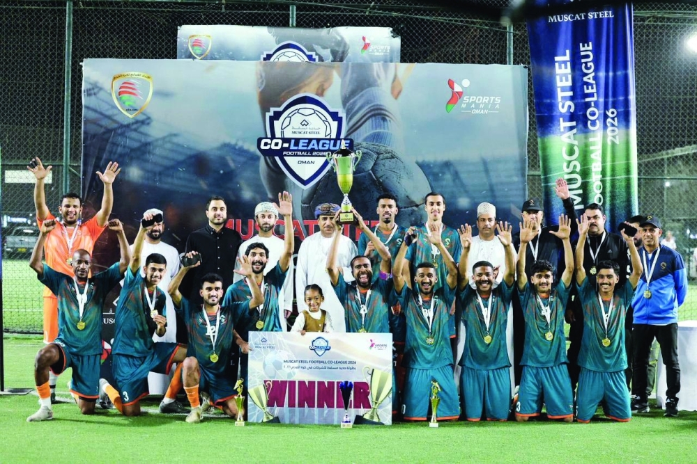 Security and Safety Services players celebrate with the trophy of the Muscat Steel League for Companies 2026.